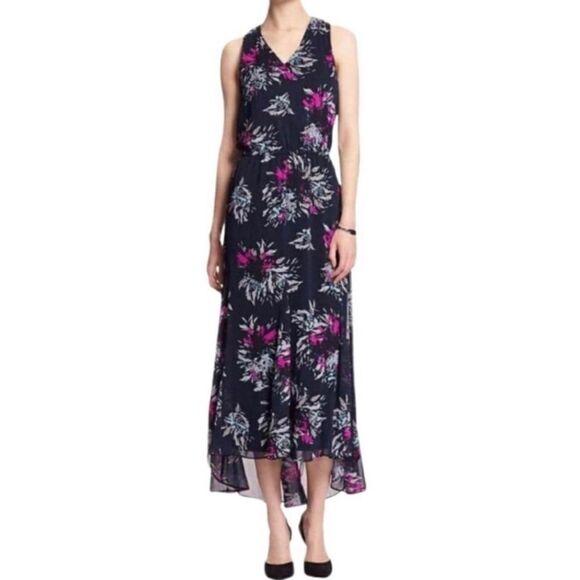 Banana Republic Navy Patterned Cutout Back Maxi Dress Size 0 - Picture 1 of 12